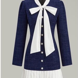 Commense Navy Bow-Tie Tweed Jacket with Pearl Buttons